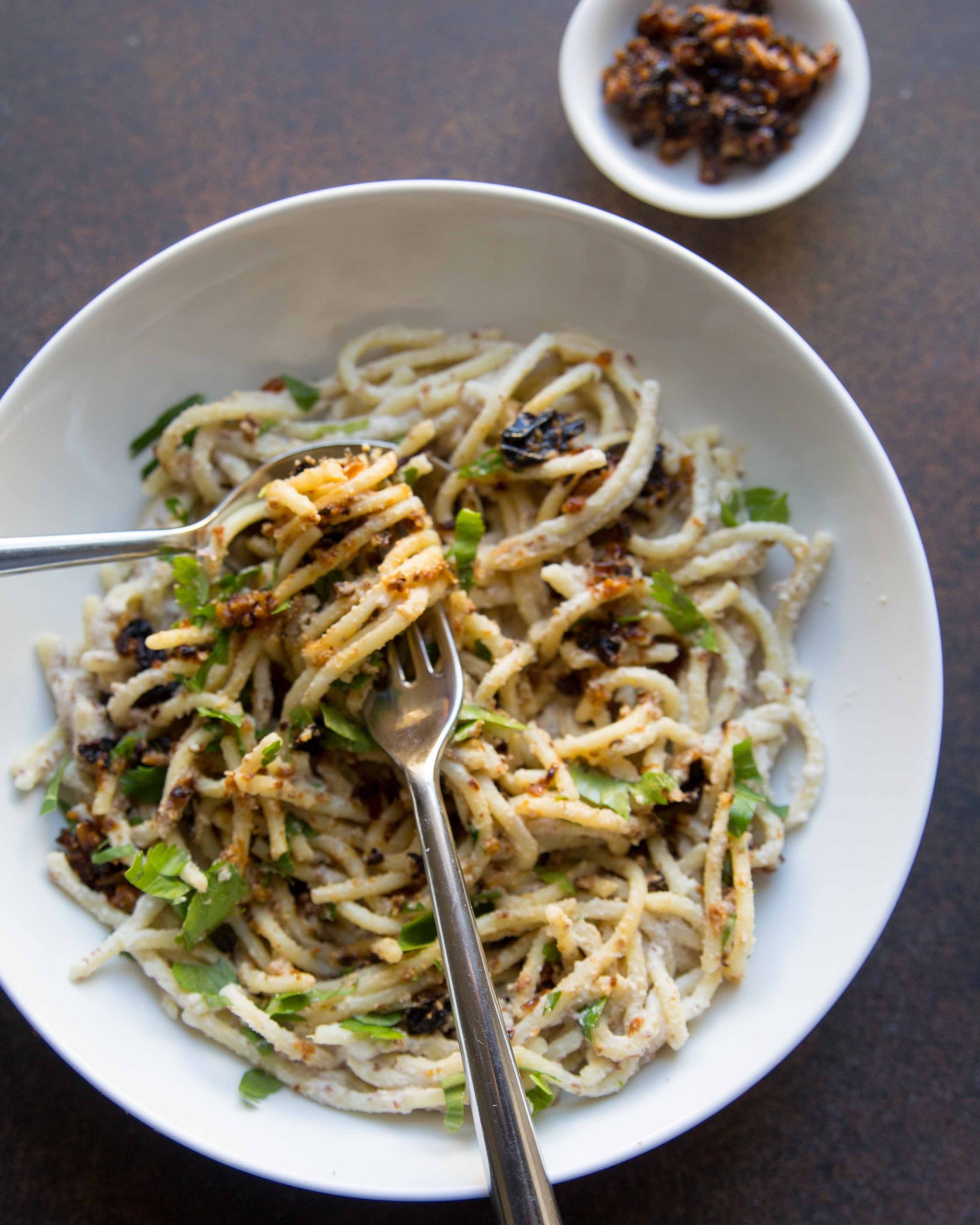 This is the meatless pasta you never knew you needed until now. You will want to scoop up the fiery cauliflower condiment on all the things.